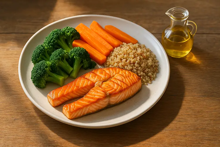 Oméga 3 et peau : faut-il prendre des compléments ? - Assiette équilibrée avec poisson gras, légumes, et huile végétale