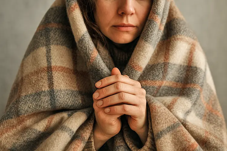 Ongles abîmés : signes d’alerte à ne pas négliger - Femme emmitouflée dans un plaid, mains visibles avec ongles ternes