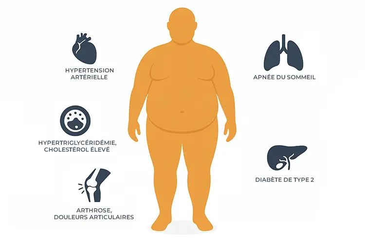 IMC et poids - comprendre et agir pour sa santé - Infographie avec les complications médicales associées au surpoids et à l’obésité