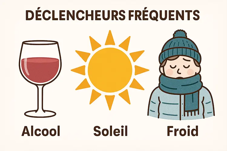 Rosacée : causes, soins et laser vasculaire visage - Un montage illustrant les déclencheurs fréquents - verre d’alcool, soleil, froid