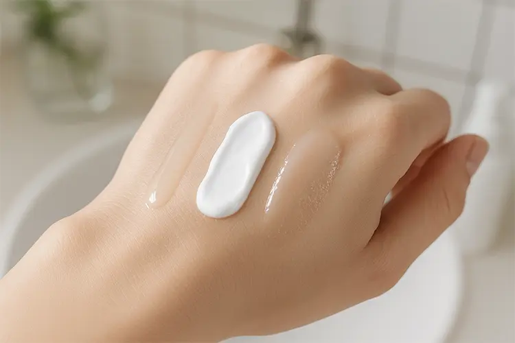 Hydrater sa peau : conseils d’un médecin esthétique - comparative de trois textures sur le dos de la main (lotion, crème, pommade)