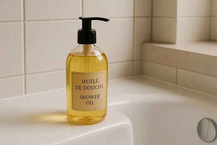 Hydrater sa peau : conseils d’un médecin esthétique - flacon d’huile de douche posé sur une baignoire