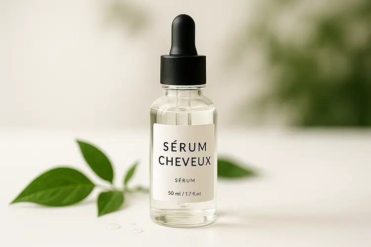 Soins capillaires : conseils d’un médecin pour des cheveux brillants - flacons de sérums naturels sur fond épuré