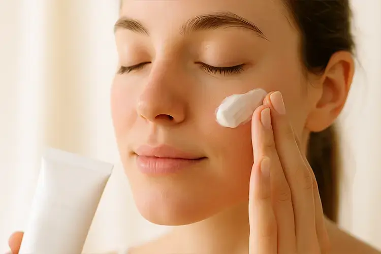 Hydratation de la peau : les bons gestes dès le plus jeune âge - gros plan d’une main appliquant une crème sur le visage avec douceur