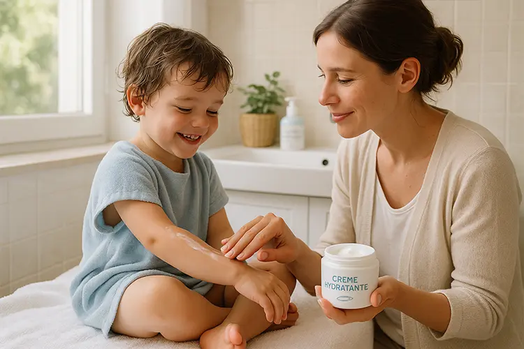 Hydratation de la peau : les bons gestes dès le plus jeune âge - maman appliquant de la crème sur les bras d’un enfant