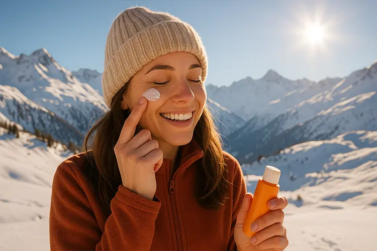 Crème solaire : votre alliée santé et anti-âge - personne en montagne appliquant de la crème solaire