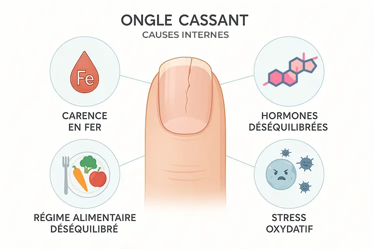 Ongles cassants : traitements oraux efficaces - schéma des causes internes des ongles abîmés (carence, hormones, stress oxydatif