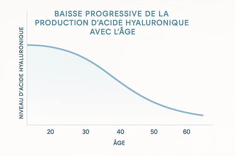 Acide hyaluronique oral : efficace ou non ? - schéma montrant la baisse de production d’acide hyaluronique avec l’âge