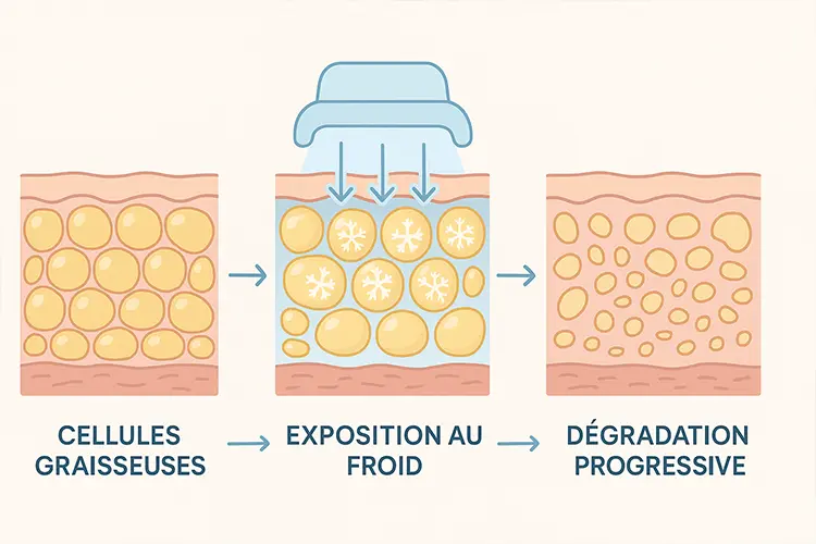 Cryolipolyse - sculpter votre silhouette sans chirurgie - schéma pédagogique expliquant l’effet du froid sur les adipocytes