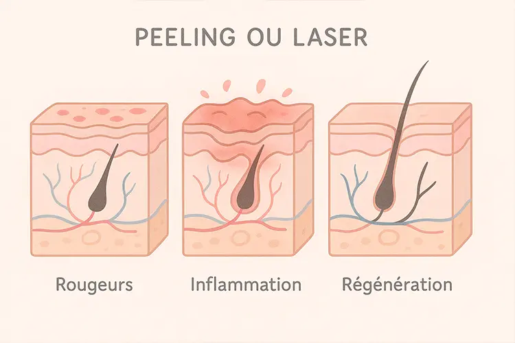 Crèmes cicatrisantes après peeling, laser ou détatouage - schéma simplifié de la peau avant - après une agression esthétique