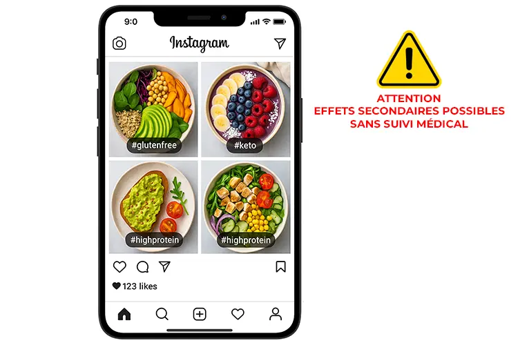 Régimes spécifiques : conseils d’un médecin esthétique - un fil d’actualité Instagram rempli de plats healthy et hashtags