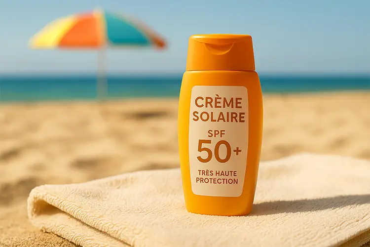 Crèmes anti-taches : soin efficace et conseils pro - un flacon de crème solaire indice 50+ sur un fond estival