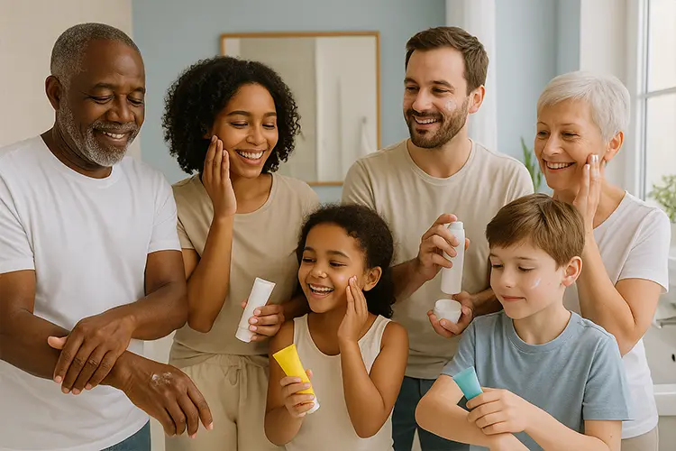 Hydratation de la peau : les bons gestes dès le plus jeune âge - une famille appliquant chacun une crème adaptée à son âge