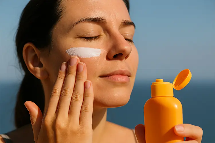 Taches pigmentaires : causes, prévention et traitements - une main appliquant une crème solaire sur le visage