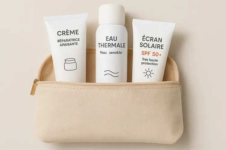Crèmes cicatrisantes après peeling, laser ou détatouage - une trousse de soins post-actes, avec crème, eau thermale et écran solaire