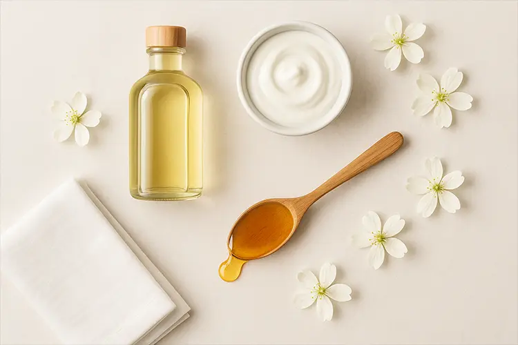 Secrets beauté d’Audrey Hepburn – Élégance intemporelle - composition flatlay avec un pot d’huile végétale, un pot de yaourt, du miel et une serviette blanche en coton