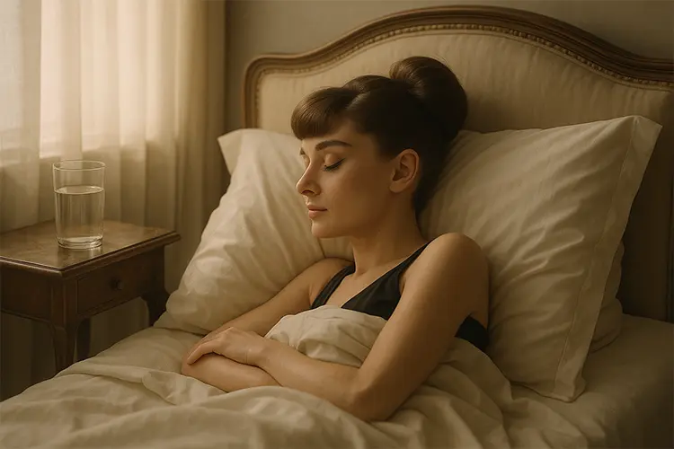 Secrets beauté d’Audrey Hepburn – Élégance intemporelle - femme dormant paisiblement, verre d’eau sur la table de chevet