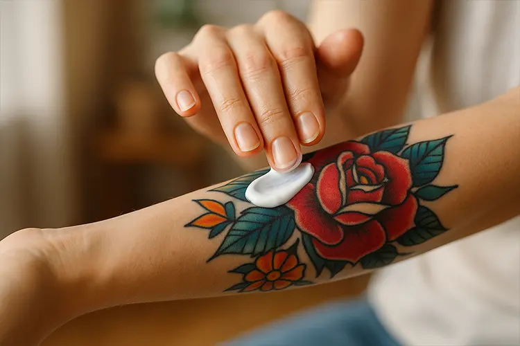 Tatouage & Détatouage : Conseils médicaux pour votre peau - Main appliquant de la crème sur un tatouage coloré, ambiance bien-être