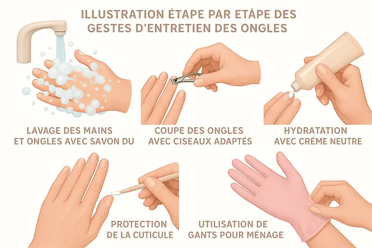 Anatomie et soins des ongles - planche illustrée montrant les gestes d’entretien d’un ongle