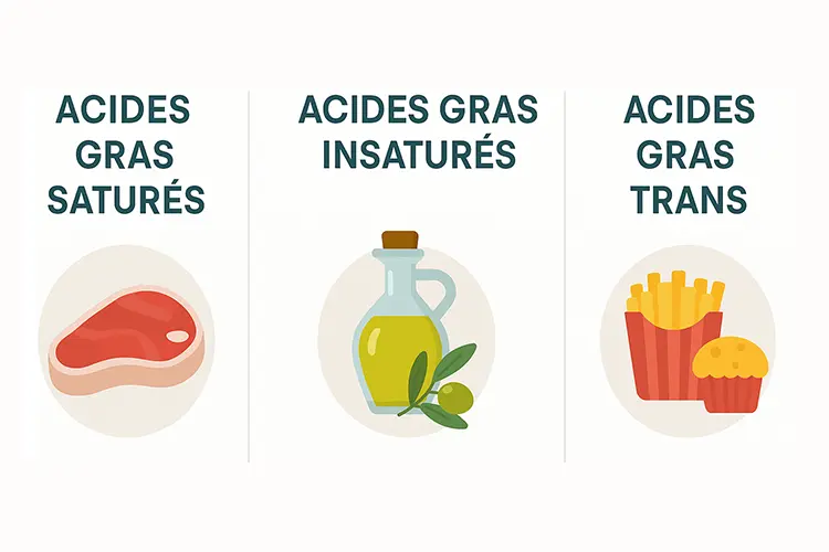 Huiles et santé : bonnes ou mauvaises - schéma comparatif entre acides gras saturés, insaturés et trans