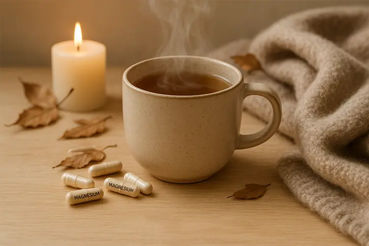 Compléments alimentaires : essentiels pour éviter les carences - tisane au magnésium ou image zen évoquant la détente et le repos