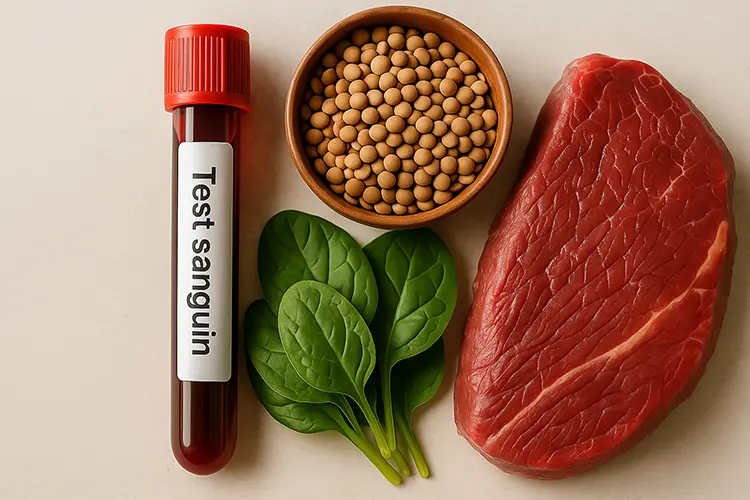 Compléments alimentaires : essentiels pour éviter les carences - un tube de sang ou d’un fruit riche en fer (lentilles, viande rouge, épinards)