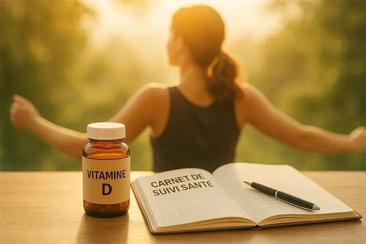 Compléments alimentaires : essentiels pour éviter les carences - une silhouette au soleil ou un flacon de vitamine D à côté d’un carnet de suivi santé