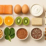 Flat-lay d’aliments riches en protéines et vitamines C/D pour soutenir l’immunité en hiver